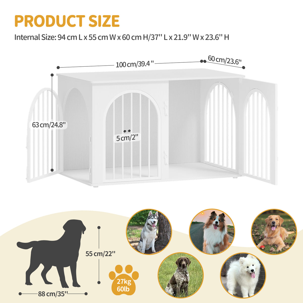 joyunite Dog Cage Furniture, Dog Box for Home, 3 Doors, Arch Door, Modern Dog Box Indoor for Dogs, Side Table, Dog Cage Heavy Duty, White DFC84113W