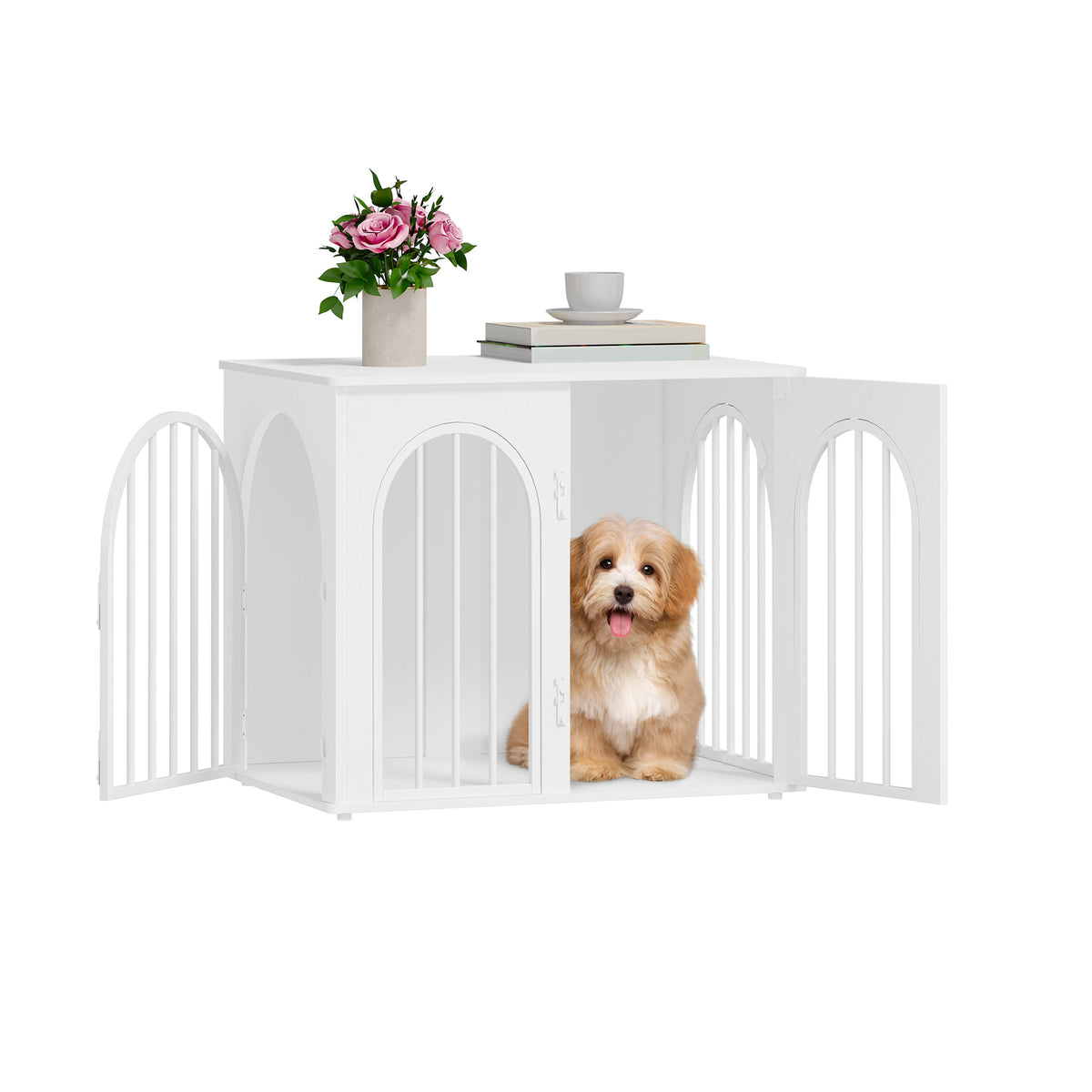 joyunite Dog Cage Furniture, 68cm Dog Box for Home, 3 Doors, Arched Door, Modern Indoor Dog Crate for Dogs, Side Table, Heavy Duty Dog Cage, 68 x 49 x 56 cm, White DFC85513W