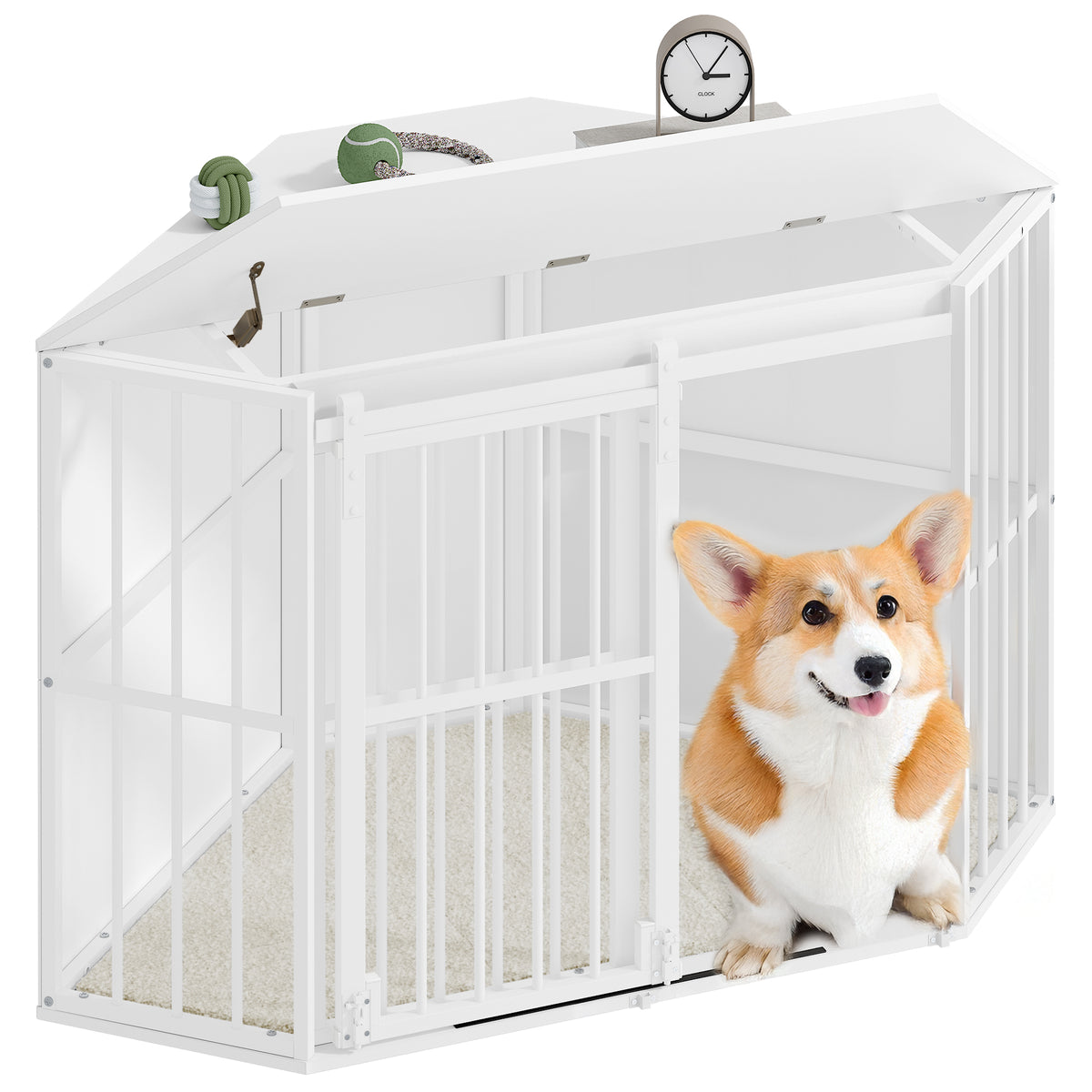 joyunite Corner Dog Cage, Dog Box for Home Use, Dog Cage Furniture with Cushion and Sliding Doors, Modern Wooden Indoor Dog Box with Hinged Lid for Medium and Small Dogs, 107 x 59.6 x 64 cm, White DFC85903W