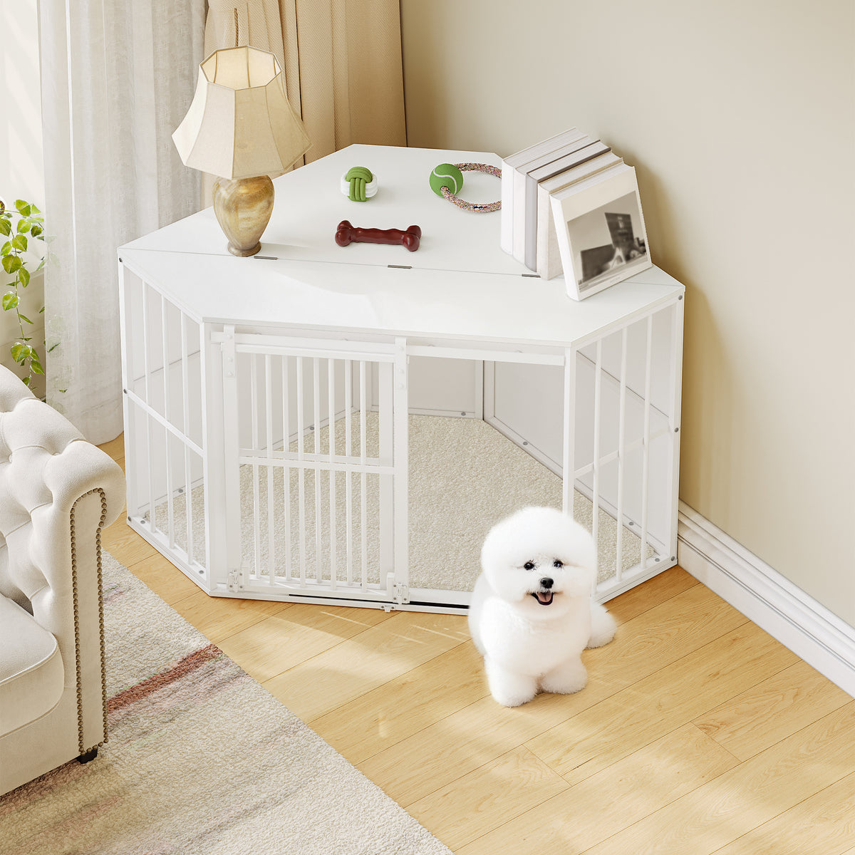 joyunite Corner Dog Cage, Dog Box for Home Use, Dog Cage Furniture with Cushion and Sliding Doors, Modern Wooden Indoor Dog Box with Hinged Lid for Medium and Small Dogs, 107 x 59.6 x 64 cm, White DFC85903W