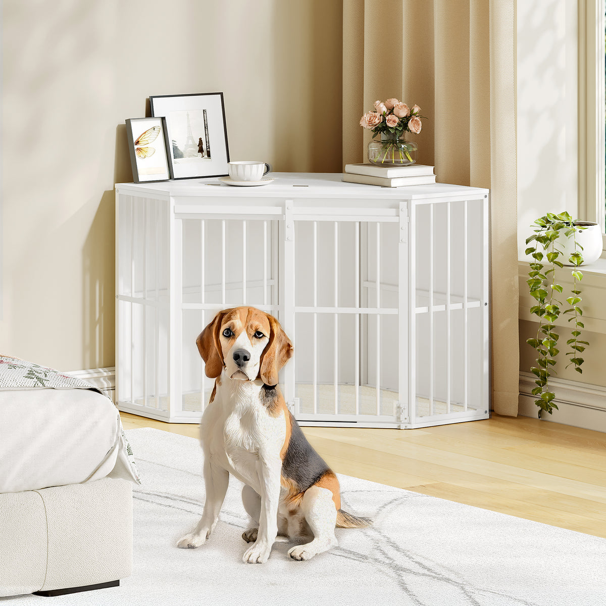 joyunite Corner Dog Cage, Dog Box for Home Use, Dog Cage Furniture with Cushion and Sliding Doors, Modern Wooden Indoor Dog Box with Hinged Lid for Medium and Small Dogs, 107 x 59.6 x 64 cm, White DFC85903W