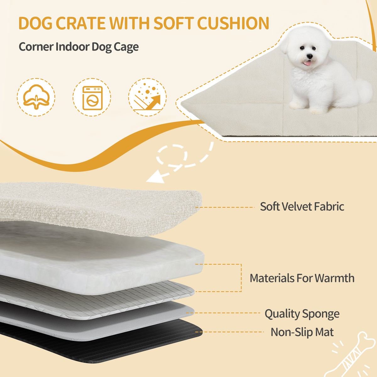 joyunite Corner Dog Cage, Dog Box for Home Use, Dog Cage Furniture with Cushion and Sliding Doors, Modern Wooden Indoor Dog Box with Hinged Lid for Medium and Small Dogs, 107 x 59.6 x 64 cm, White DFC85903W