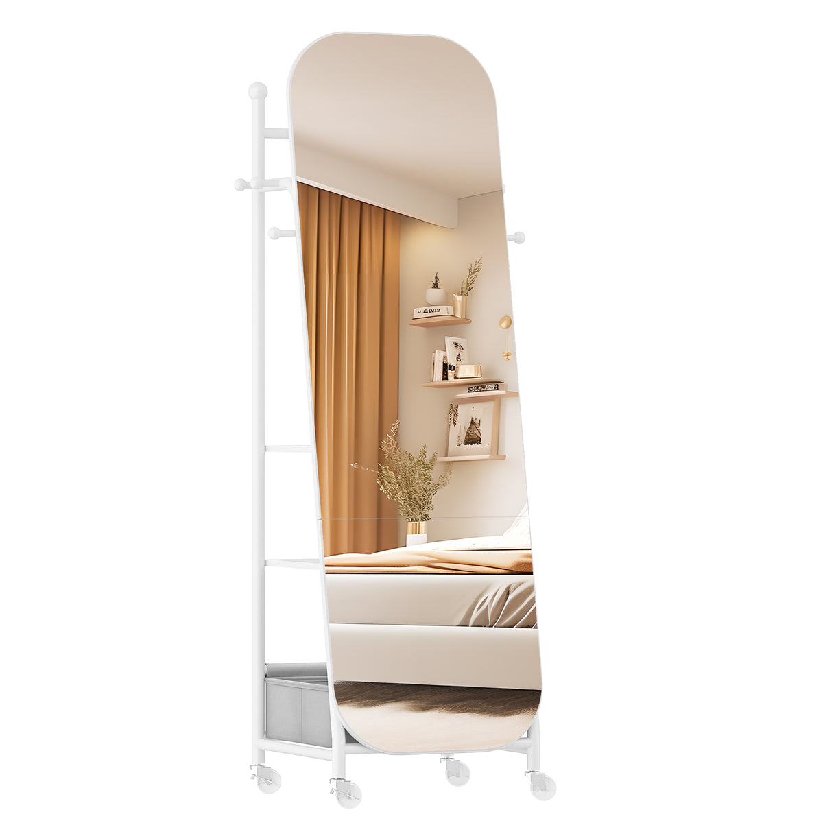 joyunite Full-Length Mirror, Standing Mirror with Clothes Rack, 165 x 50 x 45 cm, 360° Swivel Casters, Large Mirror with Storage Box and Hooks, for Bedroom and Living Room, White DM41703W
