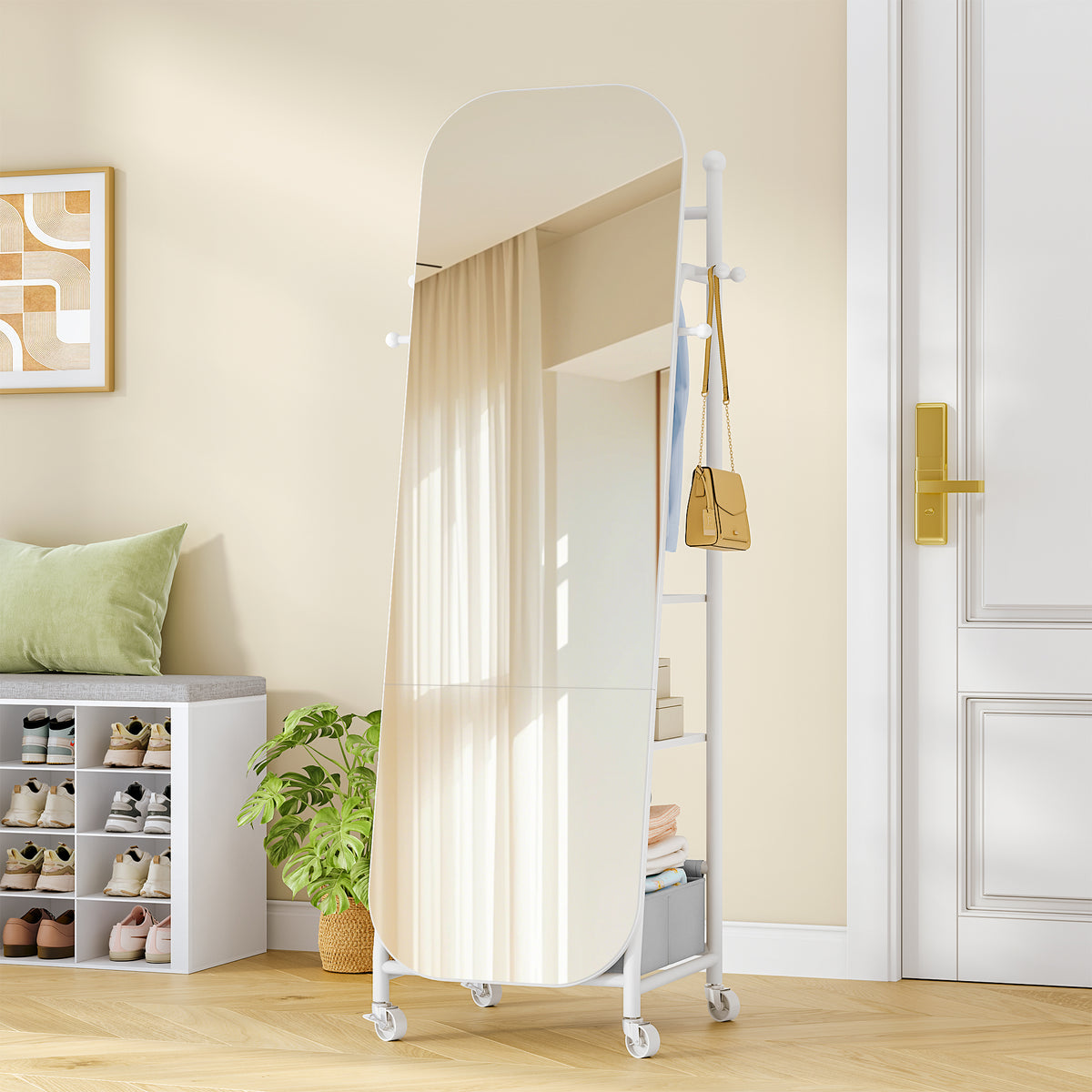 joyunite Full-Length Mirror, Standing Mirror with Clothes Rack, 165 x 50 x 45 cm, 360° Swivel Casters, Large Mirror with Storage Box and Hooks, for Bedroom and Living Room, White DM41703W