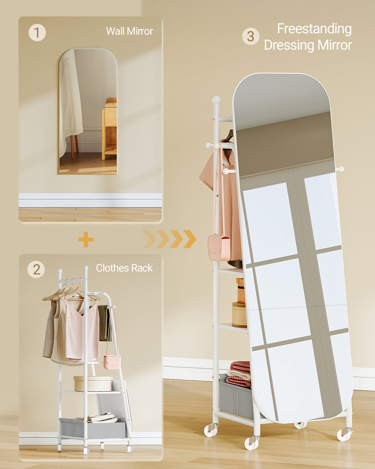 joyunite Full-Length Mirror, Standing Mirror with Clothes Rack, 165 x 50 x 45 cm, 360° Swivel Casters, Large Mirror with Storage Box and Hooks, for Bedroom and Living Room, White DM41703W