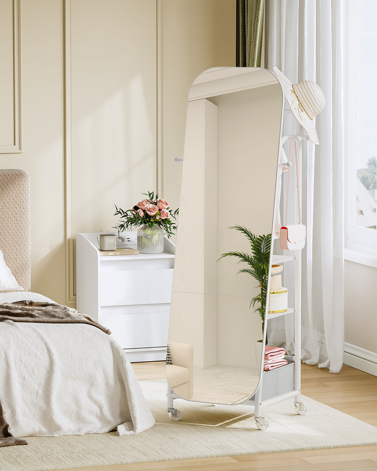 joyunite Full-Length Mirror, Standing Mirror with Clothes Rack, 165 x 50 x 45 cm, 360° Swivel Casters, Large Mirror with Storage Box and Hooks, for Bedroom and Living Room, White DM41703W