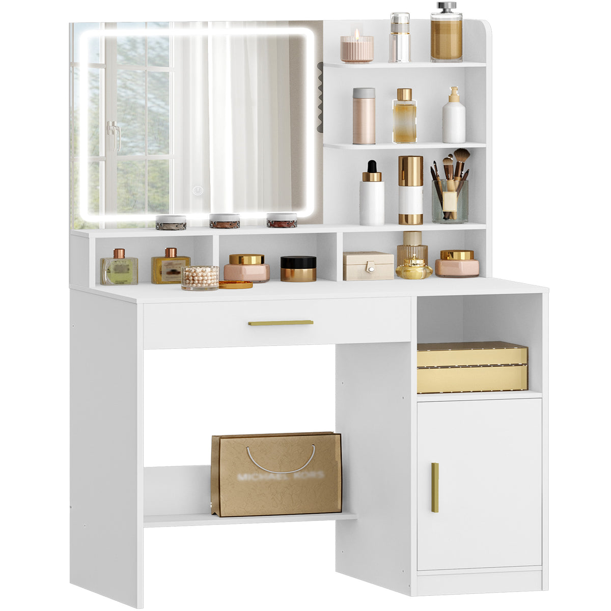 joyunite dressing table with mirror and LED light, with 3 shelves and 4 open compartments, dressing table with large drawers and cabinets, 3-way adjustable lighting, white DT42103X