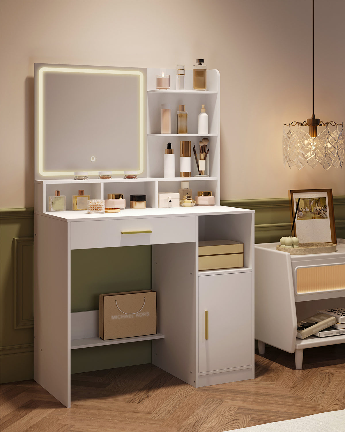 joyunite dressing table with mirror and LED light, with 3 shelves and 4 open compartments, dressing table with large drawers and cabinets, 3-way adjustable lighting, white DT42103X