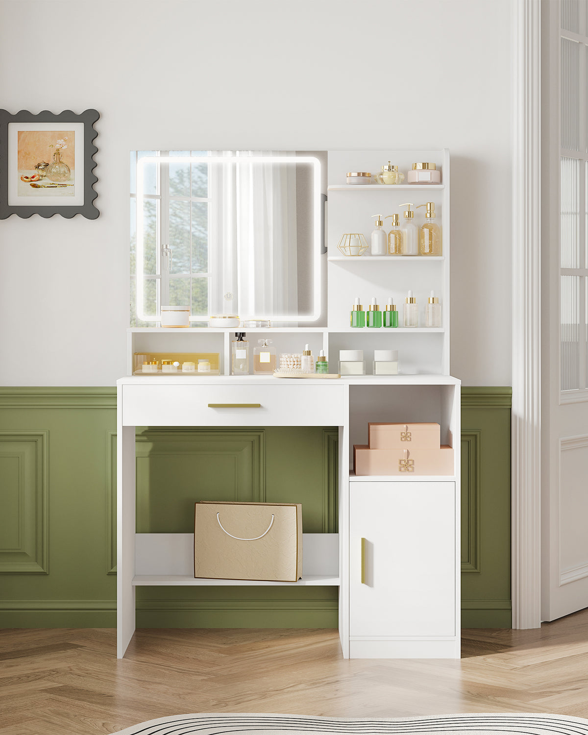 joyunite dressing table with mirror and LED light, with 3 shelves and 4 open compartments, dressing table with large drawers and cabinets, 3-way adjustable lighting, white DT42103X