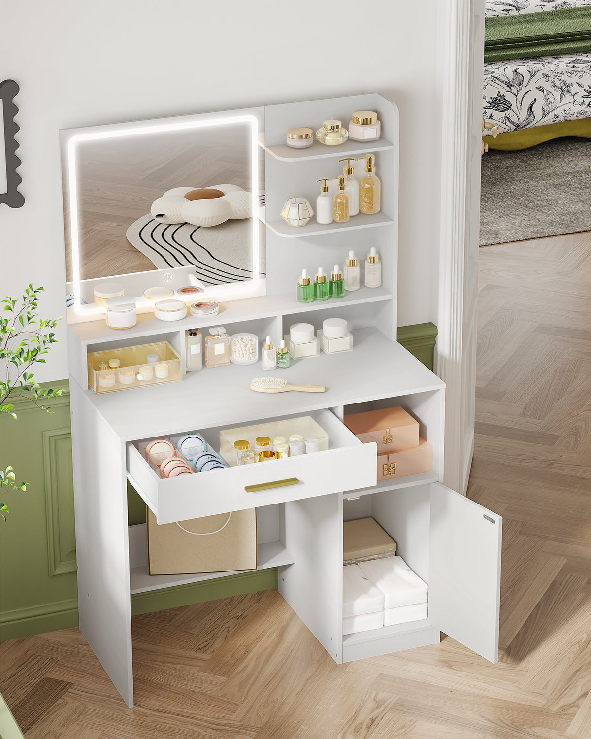joyunite dressing table with mirror and LED light, with 3 shelves and 4 open compartments, dressing table with large drawers and cabinets, 3-way adjustable lighting, white DT42103X