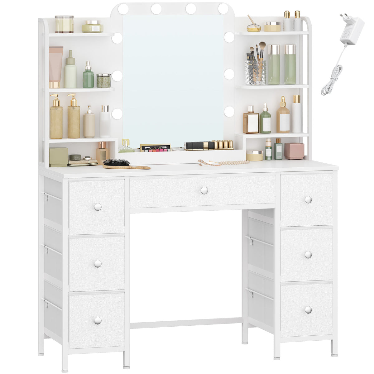 joyunite Vanity Table with LED Lighting, Vanity Table with Large HD Mirror, 7 Drawers and 6 Shelves, Bedroom Vanity Tables, Modern White DT42303X