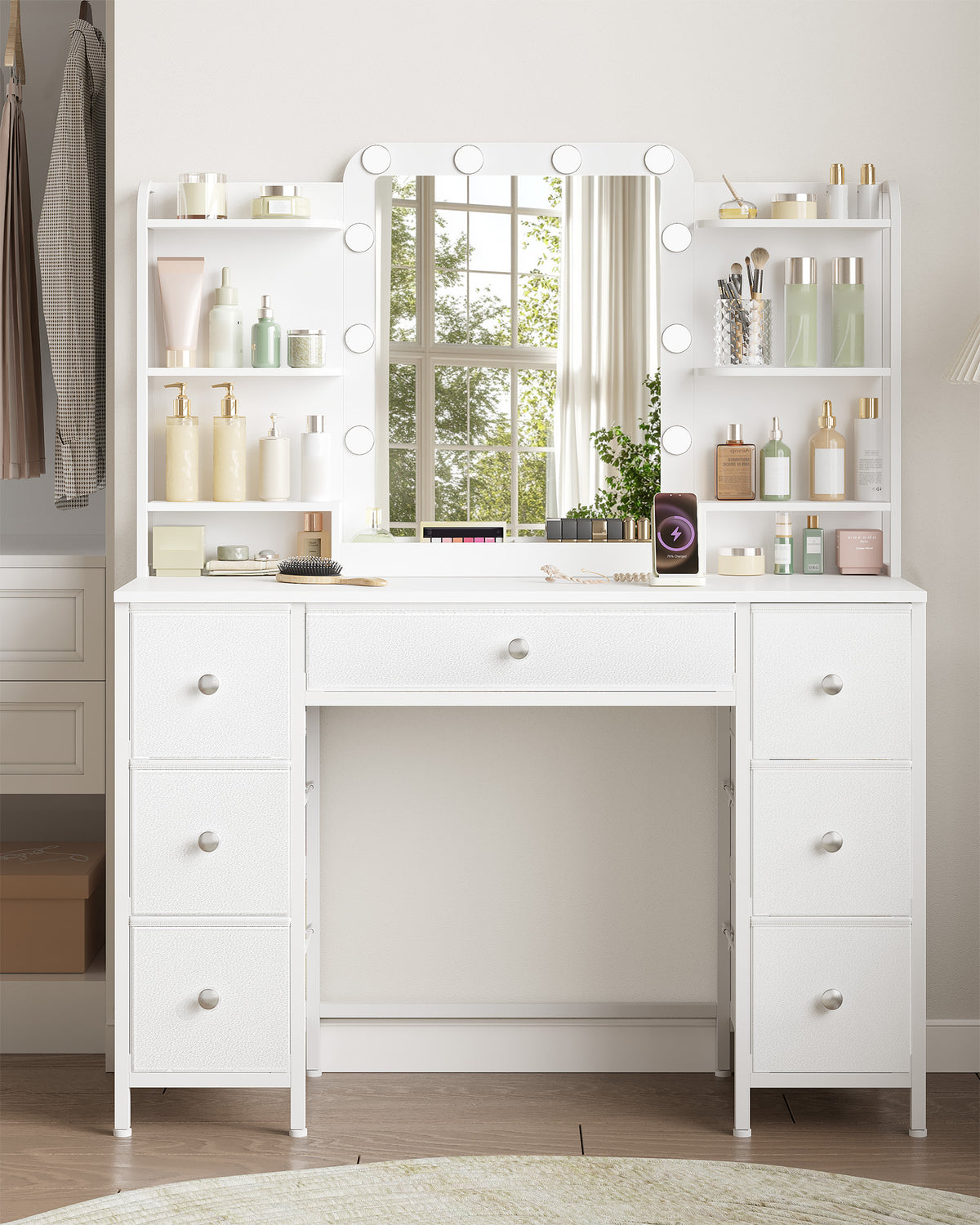 joyunite Vanity Table with LED Lighting, Vanity Table with Large HD Mirror, 7 Drawers and 6 Shelves, Bedroom Vanity Tables, Modern White DT42303X