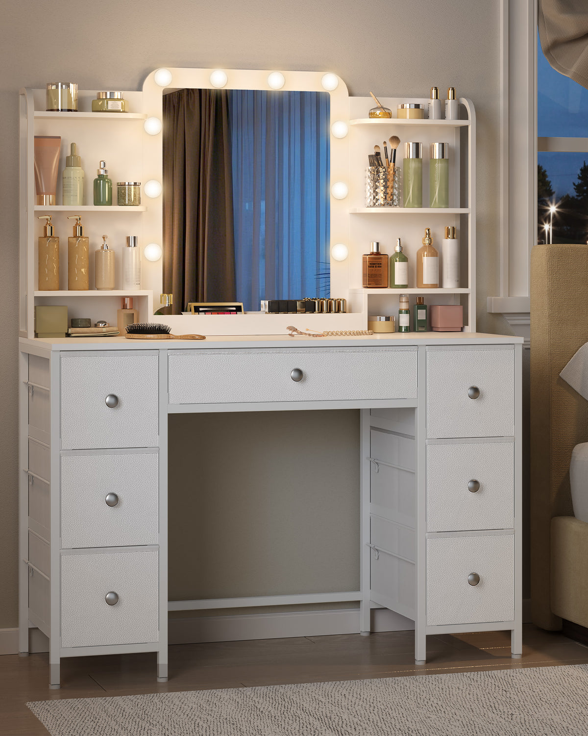 joyunite Vanity Table with LED Lighting, Vanity Table with Large HD Mirror, 7 Drawers and 6 Shelves, Bedroom Vanity Tables, Modern White DT42303X