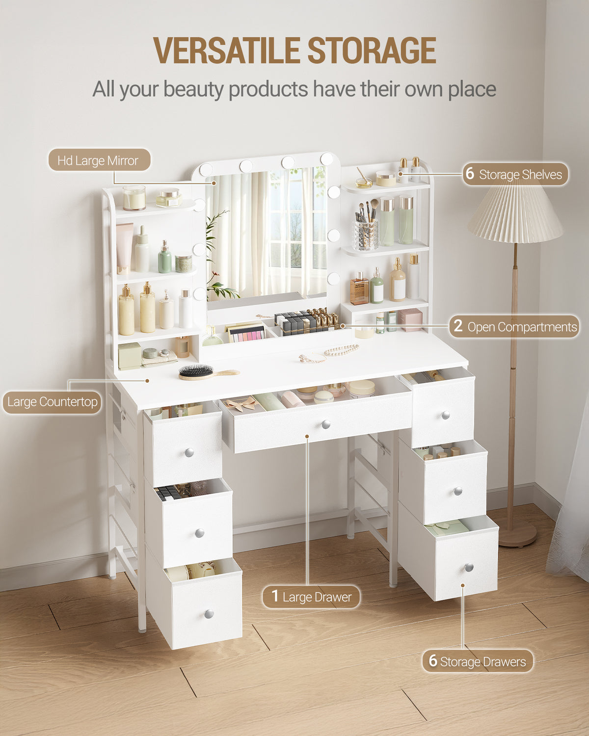 joyunite Vanity Table with LED Lighting, Vanity Table with Large HD Mirror, 7 Drawers and 6 Shelves, Bedroom Vanity Tables, Modern White DT42303X