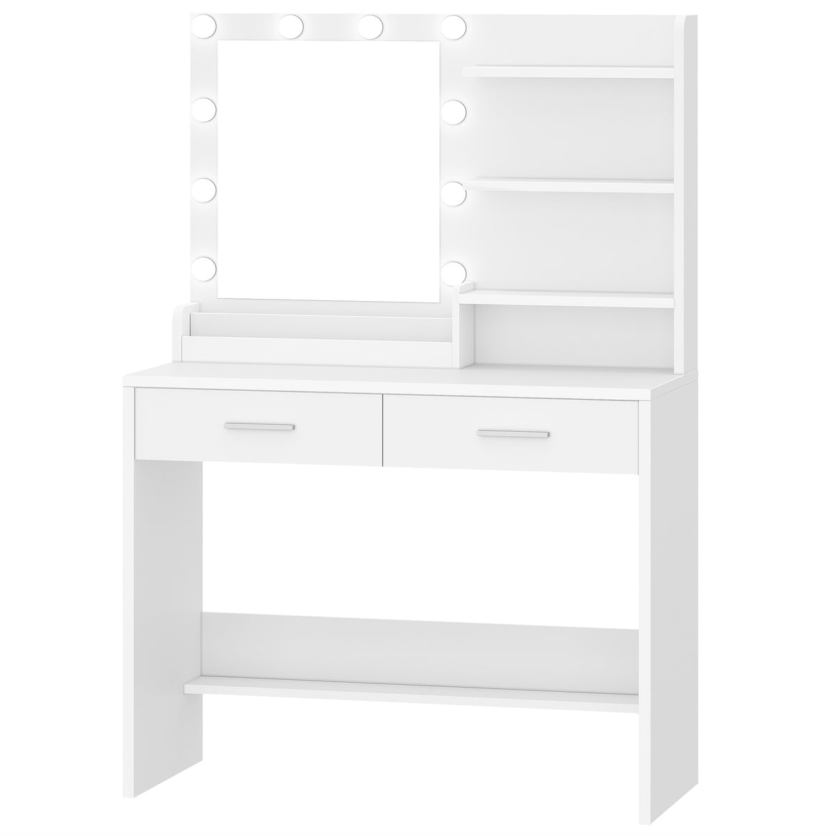 joyunite Dressing Table with Mirror, Vanity Desk with LED Lighting, 3-Color Adjustable Brightness, 2 Drawers, 4 Open Shelves and 2 Compartments, Bedroom Makeup Desk, White DT42703X