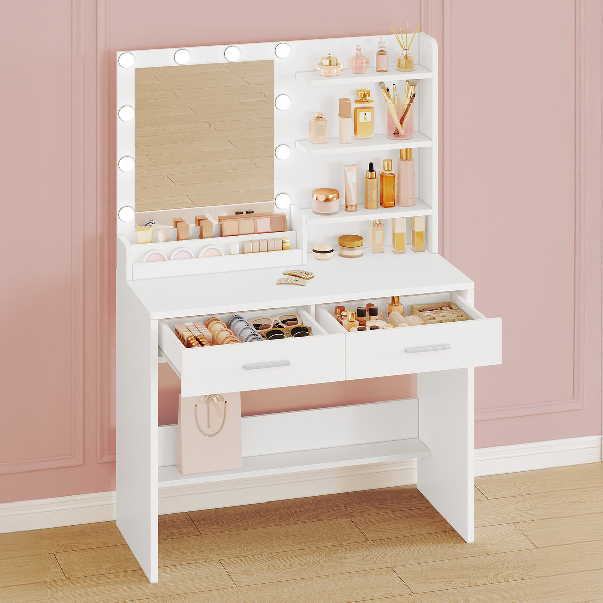joyunite Dressing Table with Mirror, Vanity Desk with LED Lighting, 3-Color Adjustable Brightness, 2 Drawers, 4 Open Shelves and 2 Compartments, Bedroom Makeup Desk, White DT42703X