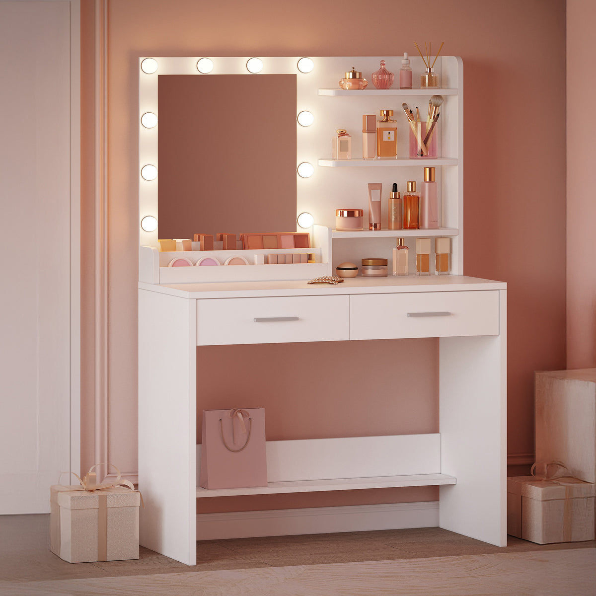 joyunite Dressing Table with Mirror, Vanity Desk with LED Lighting, 3-Color Adjustable Brightness, 2 Drawers, 4 Open Shelves and 2 Compartments, Bedroom Makeup Desk, White DT42703X