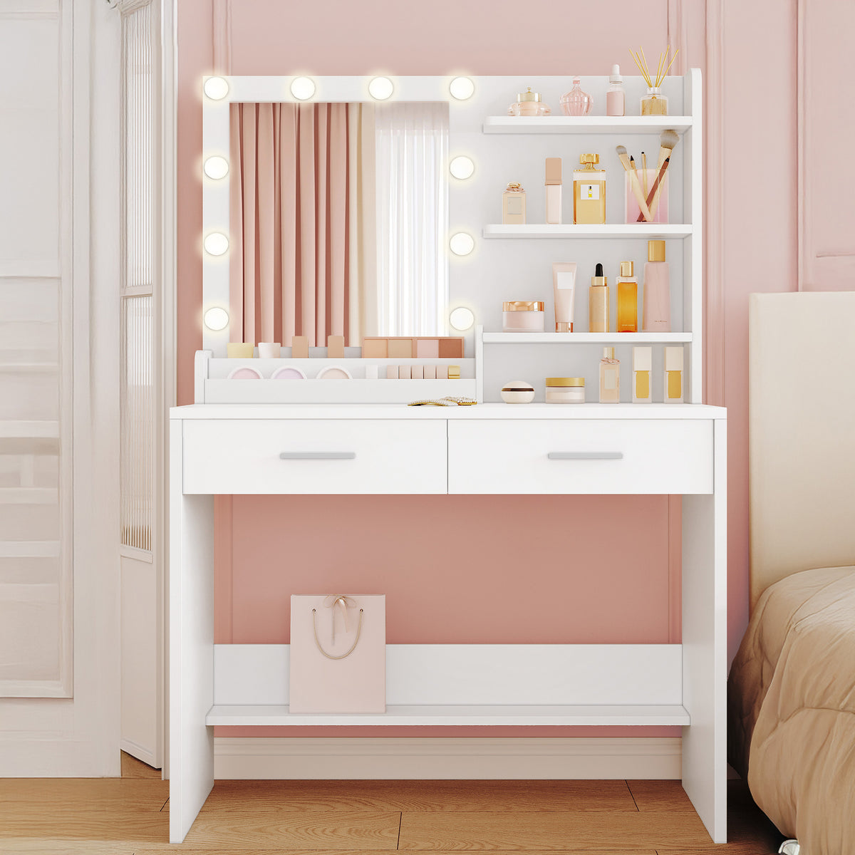 joyunite Dressing Table with Mirror, Vanity Desk with LED Lighting, 3-Color Adjustable Brightness, 2 Drawers, 4 Open Shelves and 2 Compartments, Bedroom Makeup Desk, White DT42703X