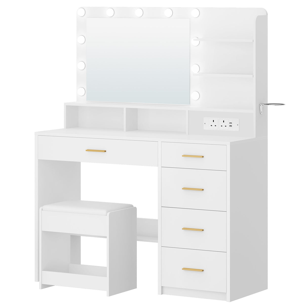 joyunite Dressing Table with Stool, Plug and Mirror, LED Adjustable, White Vanity Table with Hairdryer Holder, 6 Open Storage Areas, Adjustable Lighting Brightness, 108 cm Desktop, White DT42903XUK