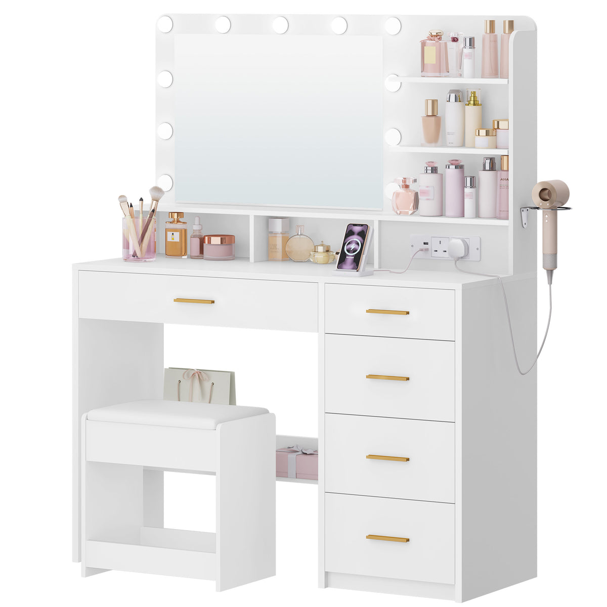 joyunite Dressing Table with Stool, Plug and Mirror, LED Adjustable, White Vanity Table with Hairdryer Holder, 6 Open Storage Areas, Adjustable Lighting Brightness, 108 cm Desktop, White DT42903XUK