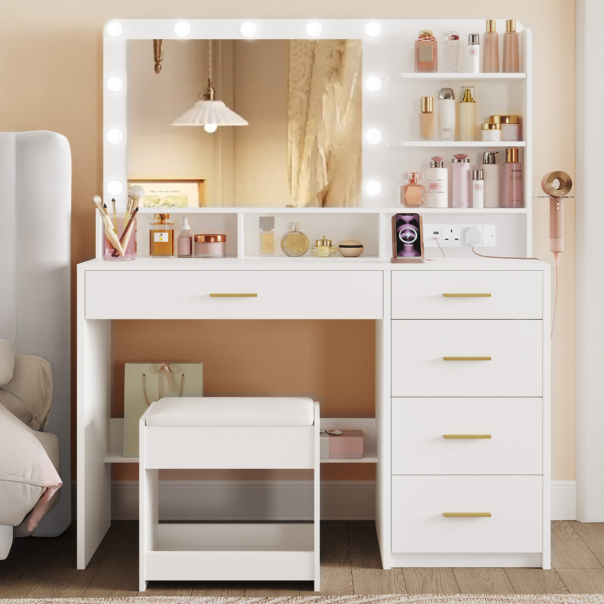 joyunite Dressing Table with Stool, Plug and Mirror, LED Adjustable, White Vanity Table with Hairdryer Holder, 6 Open Storage Areas, Adjustable Lighting Brightness, 108 cm Desktop, White DT42903XUK