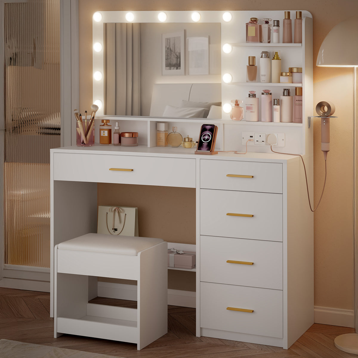 joyunite Dressing Table with Stool, Plug and Mirror, LED Adjustable, White Vanity Table with Hairdryer Holder, 6 Open Storage Areas, Adjustable Lighting Brightness, 108 cm Desktop, White DT42903XUK