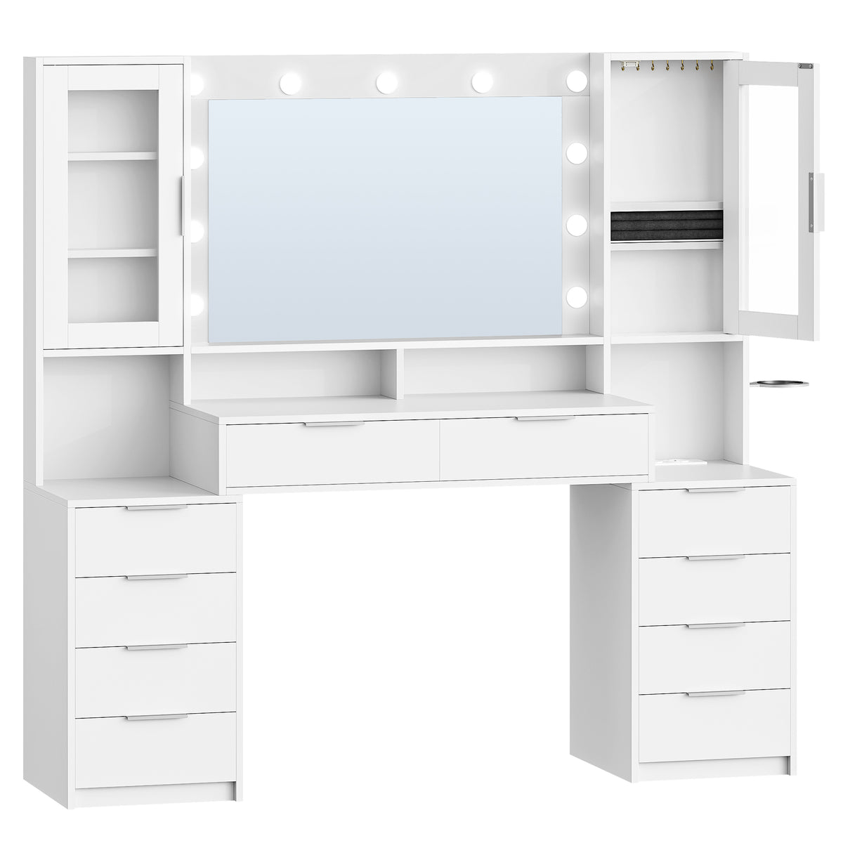 joyunite 150cm Dressing Table with LED Lighting, Dressing Table with Multi Socket, 11 LED Lights, Three Lighting Colours, 10 Drawers, Storage for Jewelry, White-Silver DT434703XEU