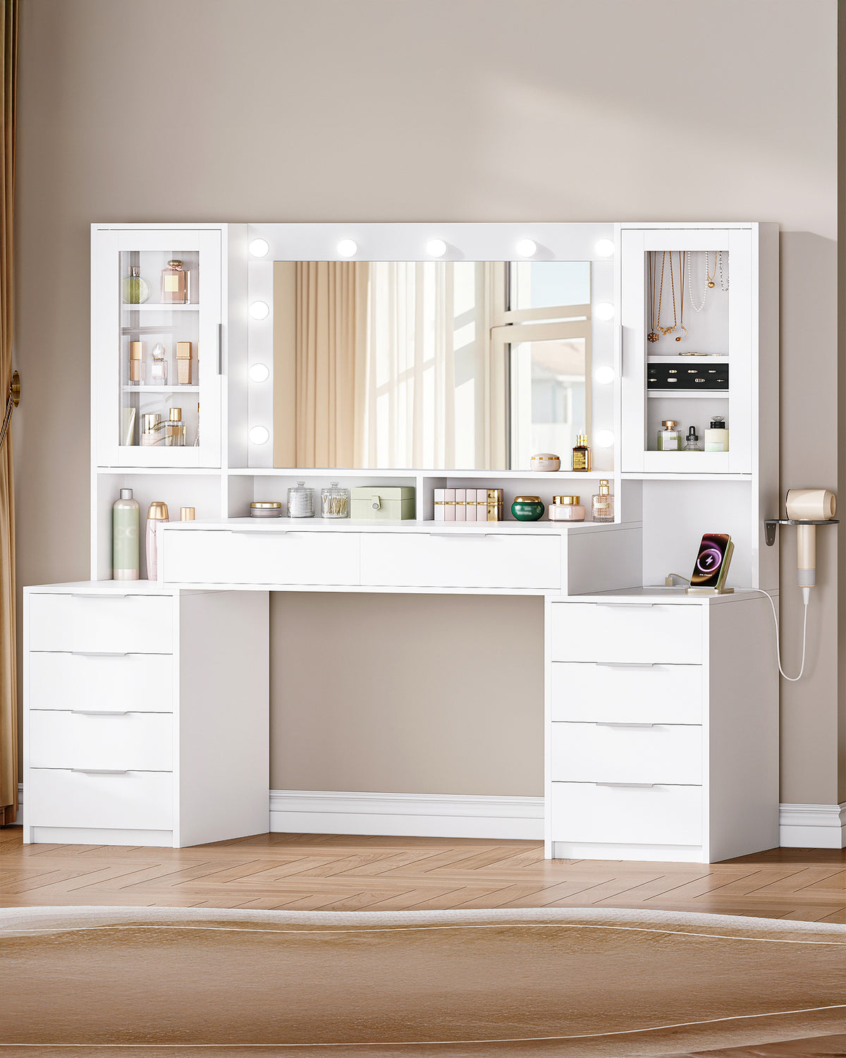 joyunite 150cm Dressing Table with LED Lighting, Dressing Table with Multi Socket, 11 LED Lights, Three Lighting Colours, 10 Drawers, Storage for Jewelry, White-Silver DT434703XEU