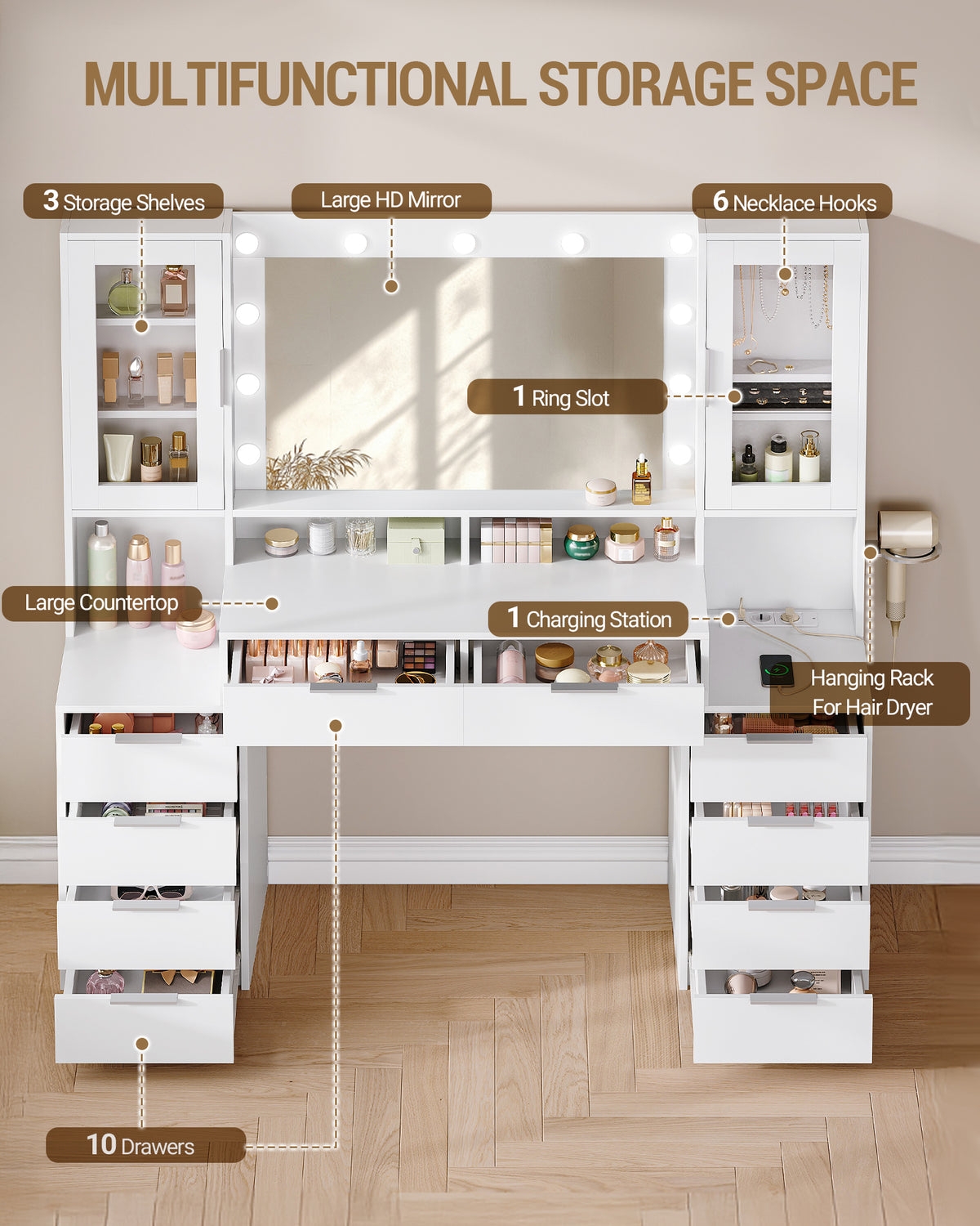 joyunite 150cm Dressing Table with LED Lighting, Dressing Table with Multi Socket, 11 LED Lights, Three Lighting Colours, 10 Drawers, Storage for Jewelry, White-Silver DT434703XEU
