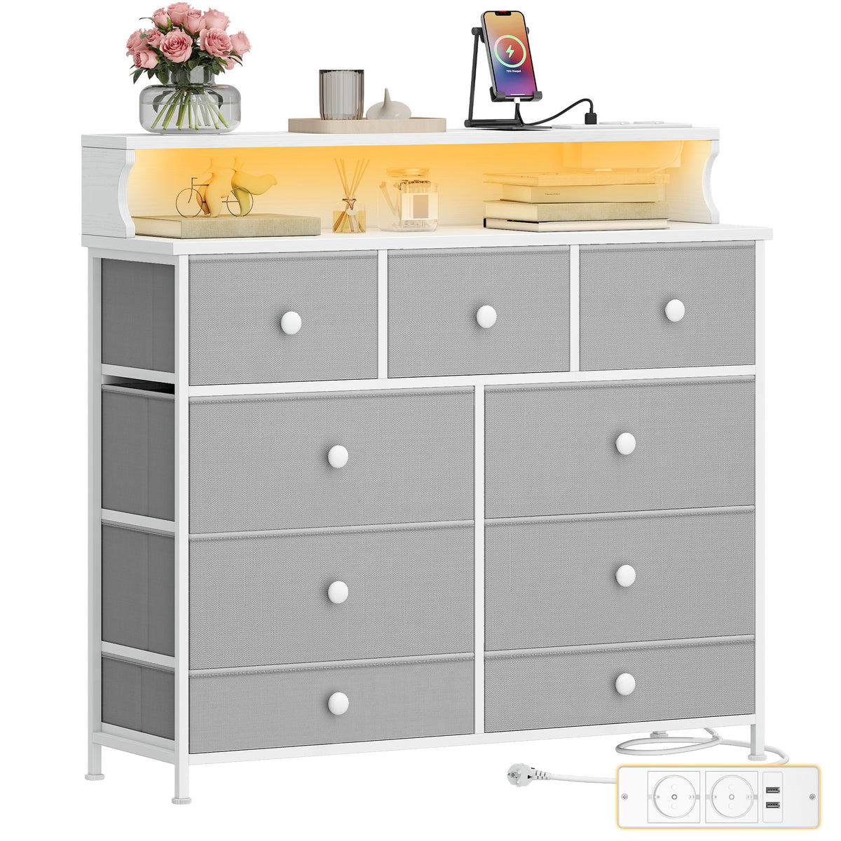 joyunite Chest of Drawers, 9 Drawers, LED Light Strip, 2 USB & 2 AC Ports, Versatile Storage Furniture for Living Room and Bedroom, 30 x 100 x 95 cm, White-Grey DU02913W