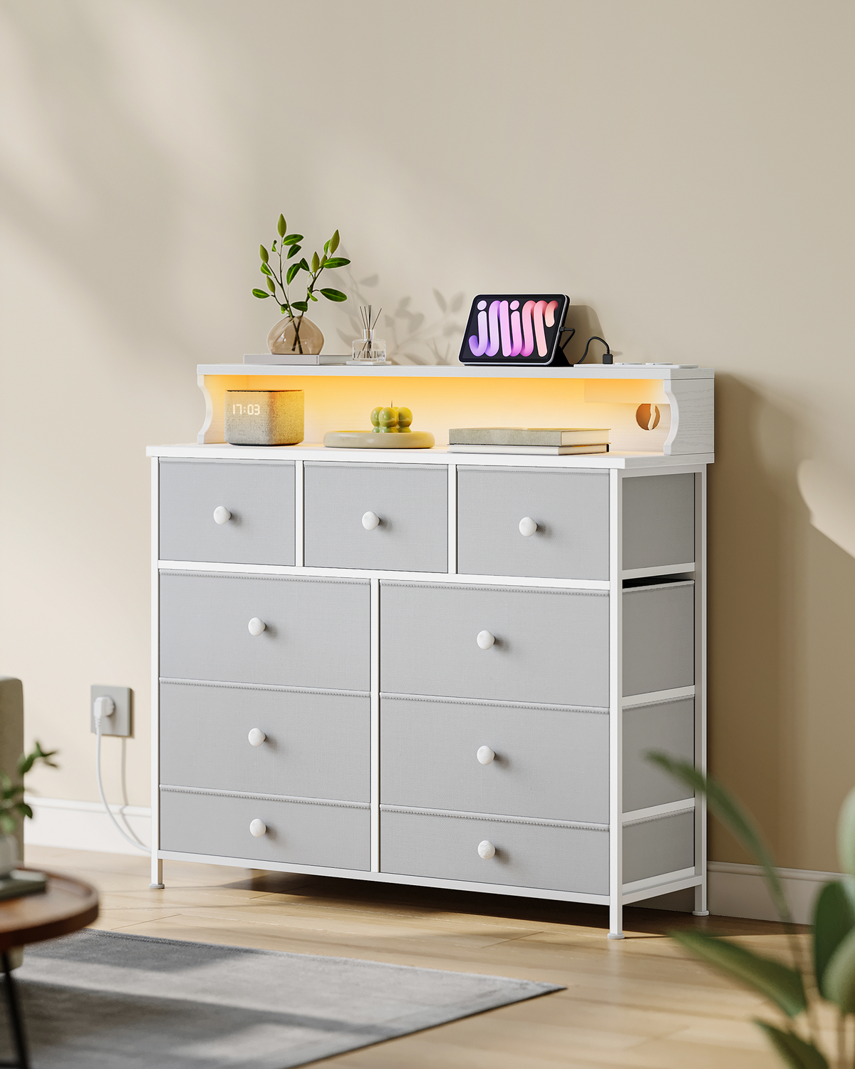 joyunite Chest of Drawers, 9 Drawers, LED Light Strip, 2 USB & 2 AC Ports, Versatile Storage Furniture for Living Room and Bedroom, 30 x 100 x 95 cm, White-Grey DU02913W