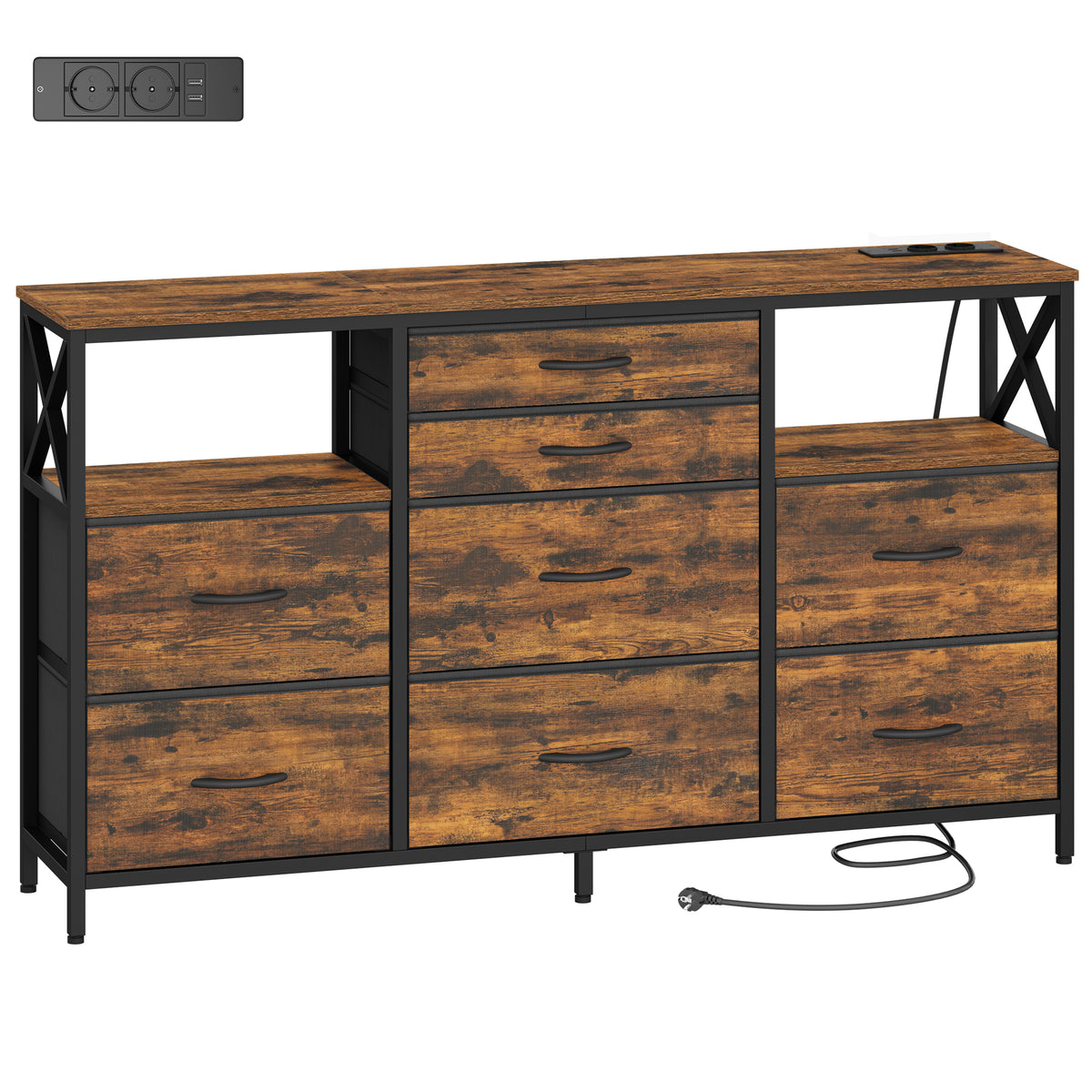 joyunite Chest of Drawers 140 cm, 2 USB & 2 AC Ports, Chest of Drawers with 8 Fabric Drawers, Versatile Storage Furniture for Living Room and Bedroom, 30 x 140 x 86 cm, Vintage DU03801B