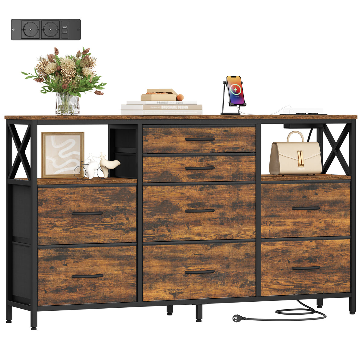 joyunite Chest of Drawers 140 cm, 2 USB & 2 AC Ports, Chest of Drawers with 8 Fabric Drawers, Versatile Storage Furniture for Living Room and Bedroom, 30 x 140 x 86 cm, Vintage DU03801B