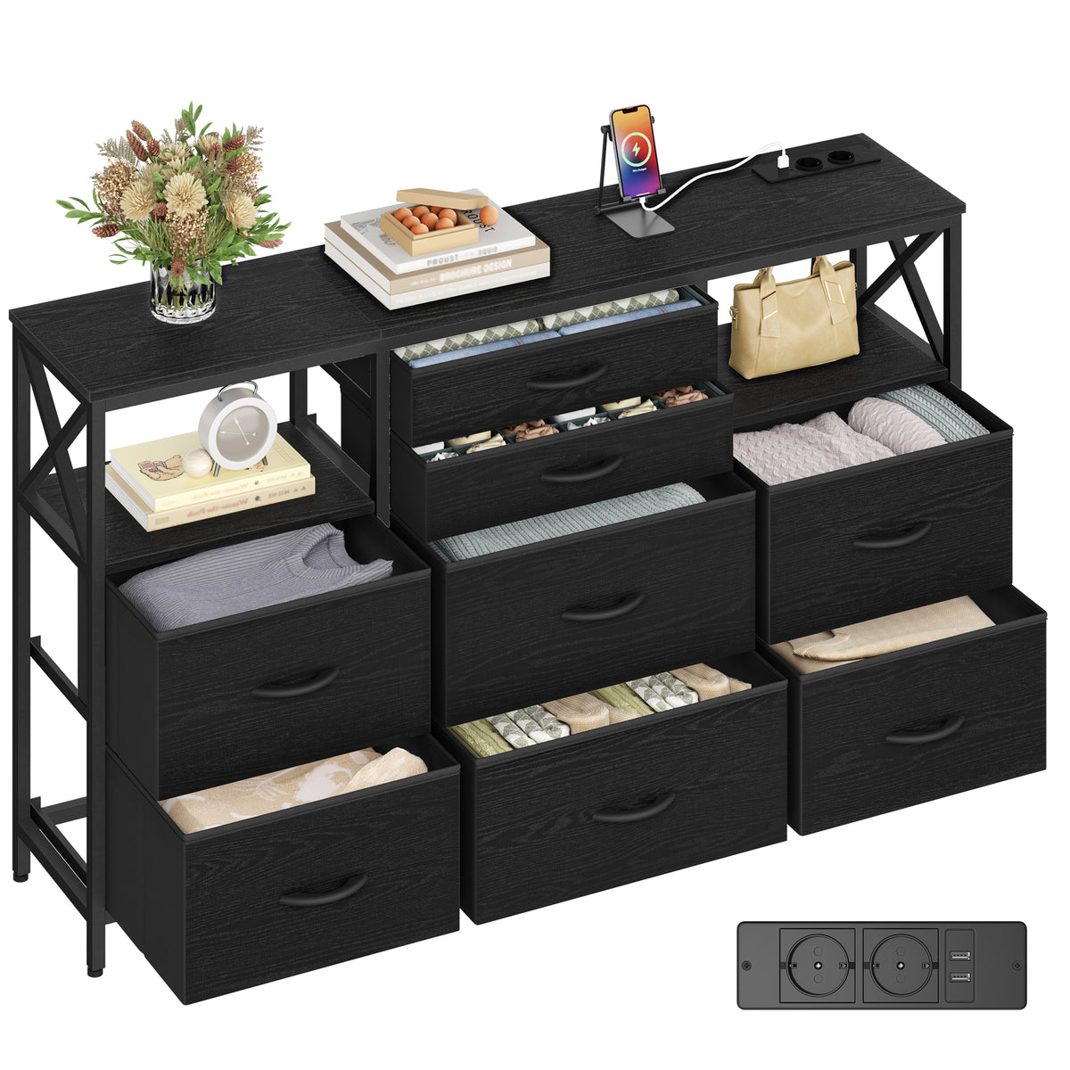 joyunite Chest of Drawers 140 cm, 2 USB & 2 AC Ports, Chest of Drawers with 8 Fabric Drawers, Versatile Storage Furniture for Living Room and Bedroom, 30 x 140 x 86 cm, Black DU03804B
