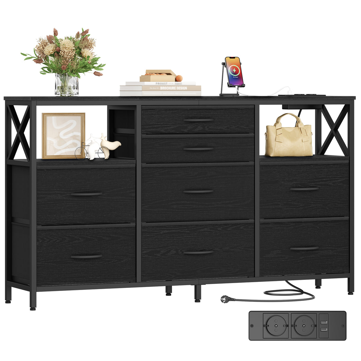 joyunite Chest of Drawers 140 cm, 2 USB & 2 AC Ports, Chest of Drawers with 8 Fabric Drawers, Versatile Storage Furniture for Living Room and Bedroom, 30 x 140 x 86 cm, Black DU03804B