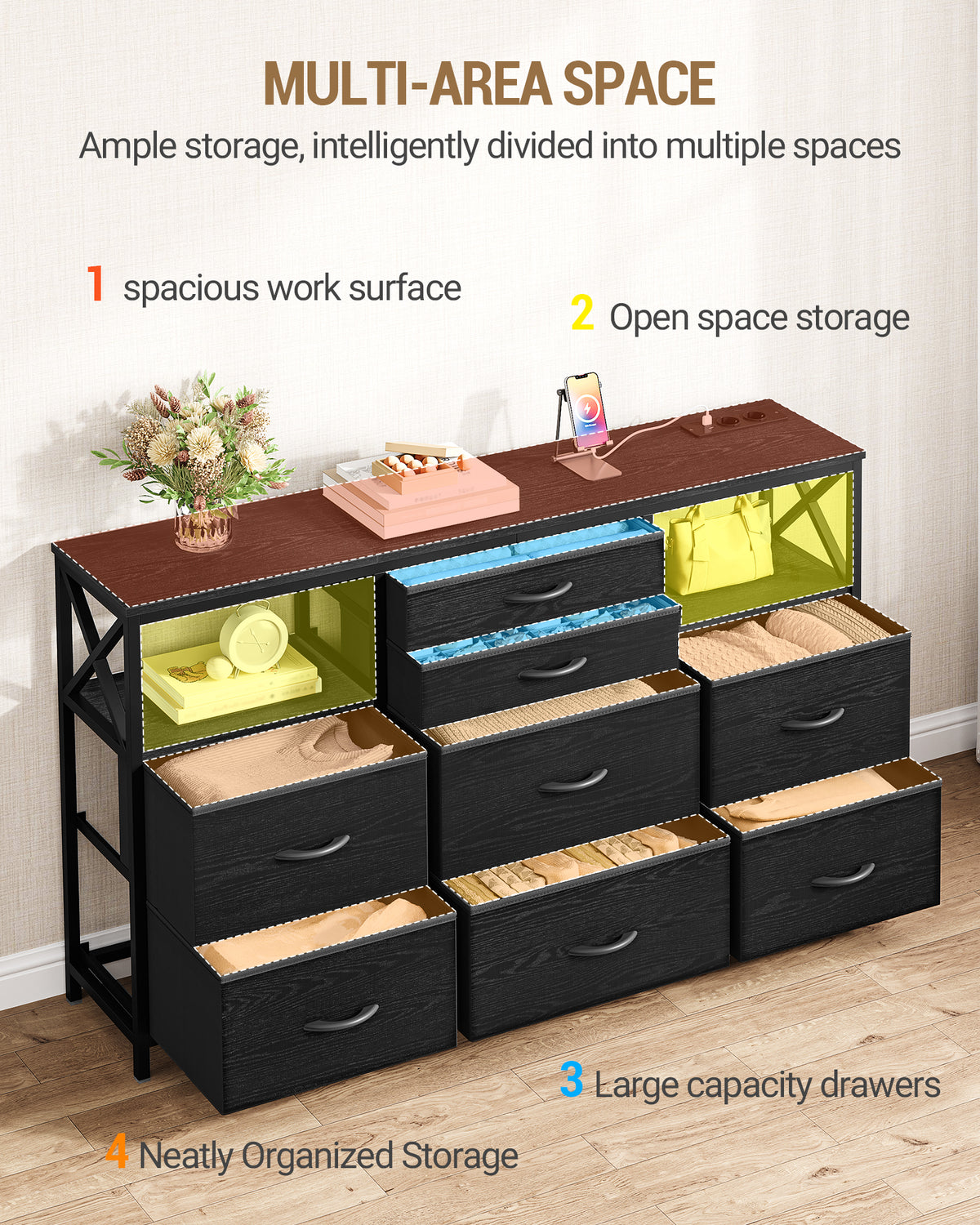 joyunite Chest of Drawers 140 cm, 2 USB & 2 AC Ports, Chest of Drawers with 8 Fabric Drawers, Versatile Storage Furniture for Living Room and Bedroom, 30 x 140 x 86 cm, Black DU03804B