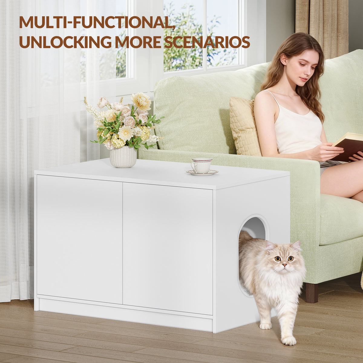Fobyfurny Cat litter box cabinet, hidden cat toilet furniture, cat cabinet with push-to-open doors and ventilation holes, minimalist cat house, living room, 80 x 50 x 51.5 cm, white FPCB201PW1