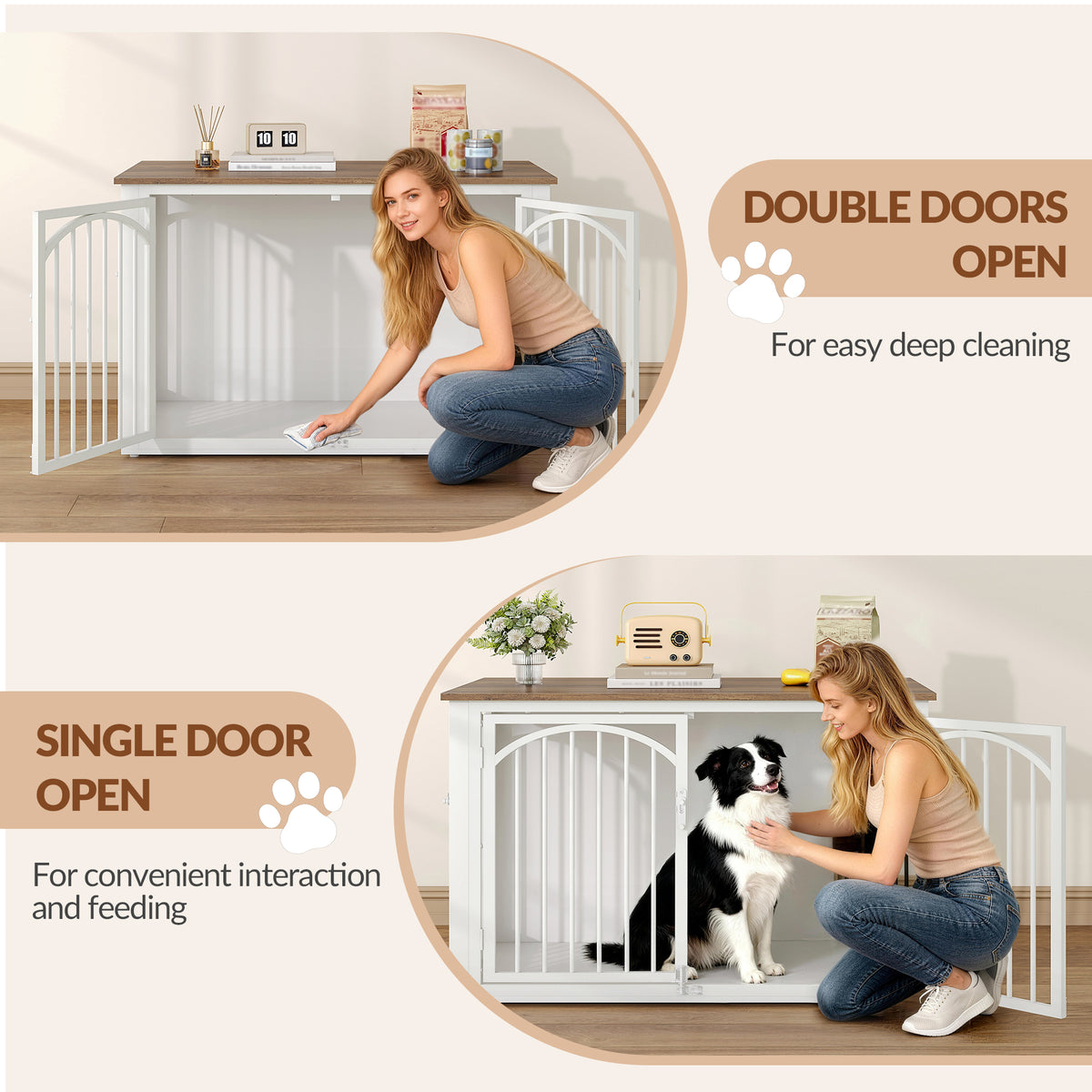 Fobyfurny Dog crate furniture, 100cm dog box for home use with 4 doors, modern wooden dog crate, side table, for medium to large dogs, indoor dog crate, 100 x 60 x 63 cm, brown and white FPDC002FWR1