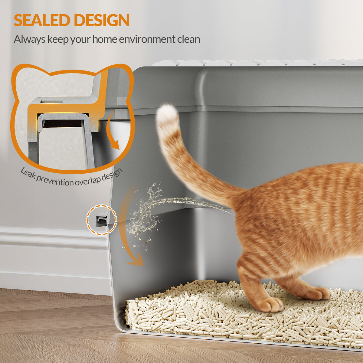Fobyfurny Stainless Steel Cat Litter Tray with Lid, XXL Closed Metal Cat Litter Tray with Scoop and Footrest, Removable, 120° Hinged Lid, Easy to Clean, Dark Grey,FPLB001SG1