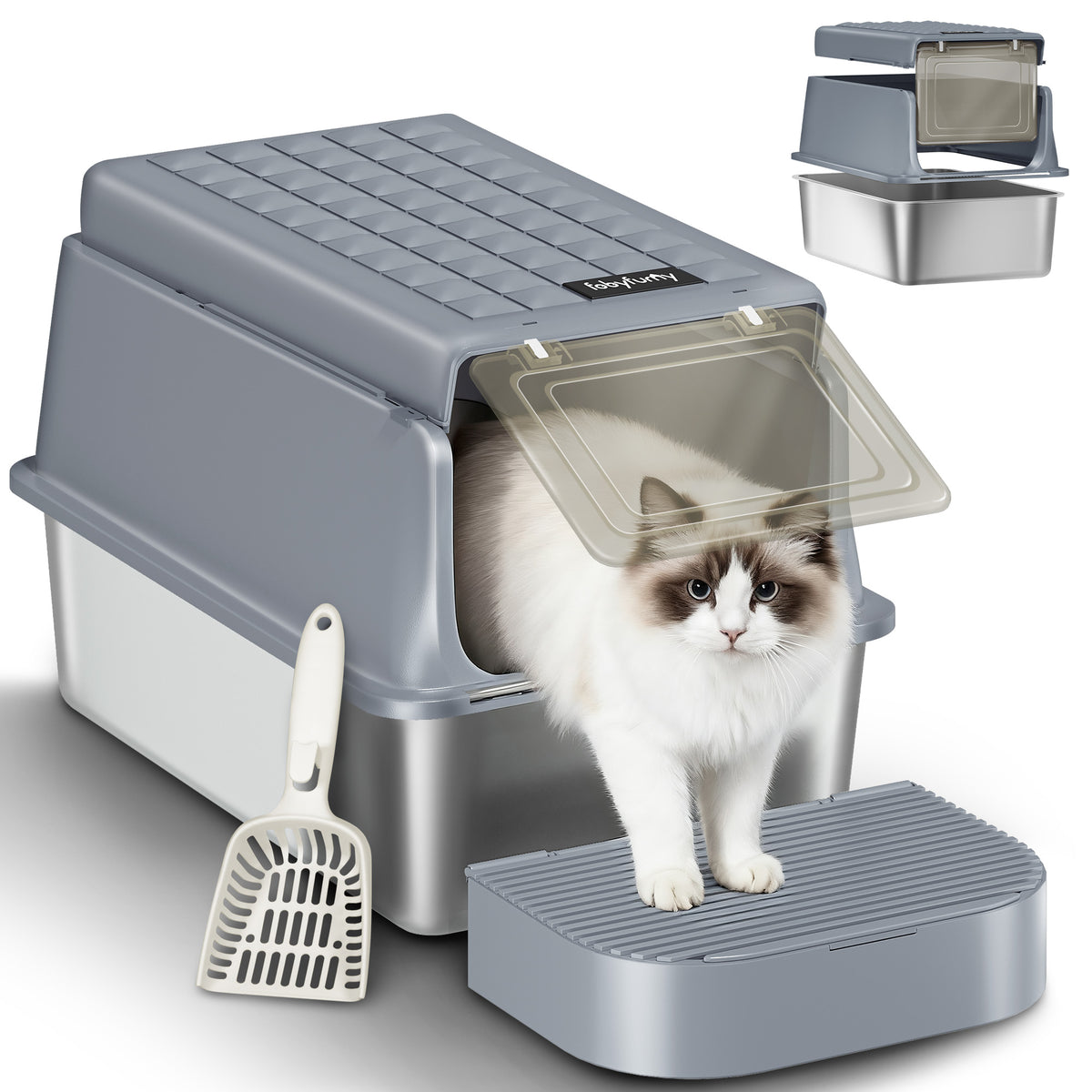 Fobyfurny Stainless Steel Cat Litter Tray with Lid, XXL Closed Metal Cat Litter Tray with Scoop and Footrest, Removable, 120° Hinged Lid, Easy to Clean, Dark Grey FPLB001SG2