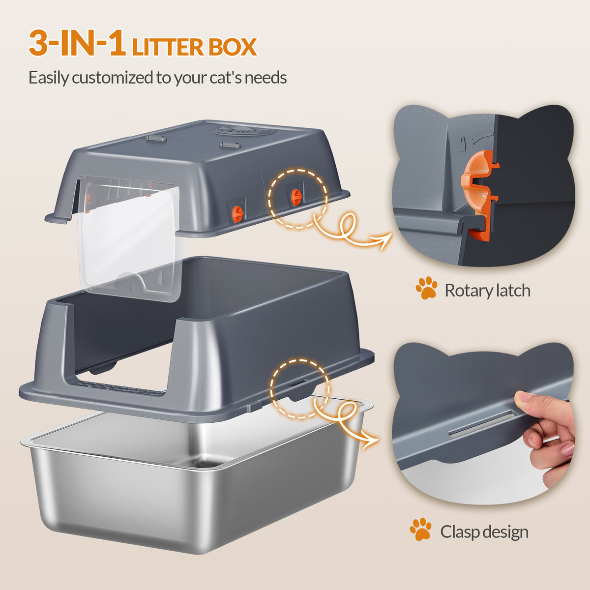 Fobyfurny Stainless steel cat litter box with lid, enclosed cat litter box, 180° hinged lid, includes pedal and scoop, easy to clean, modular design, 61 L x 41 W x 40 H cm, dark grey, FPLB203SG2