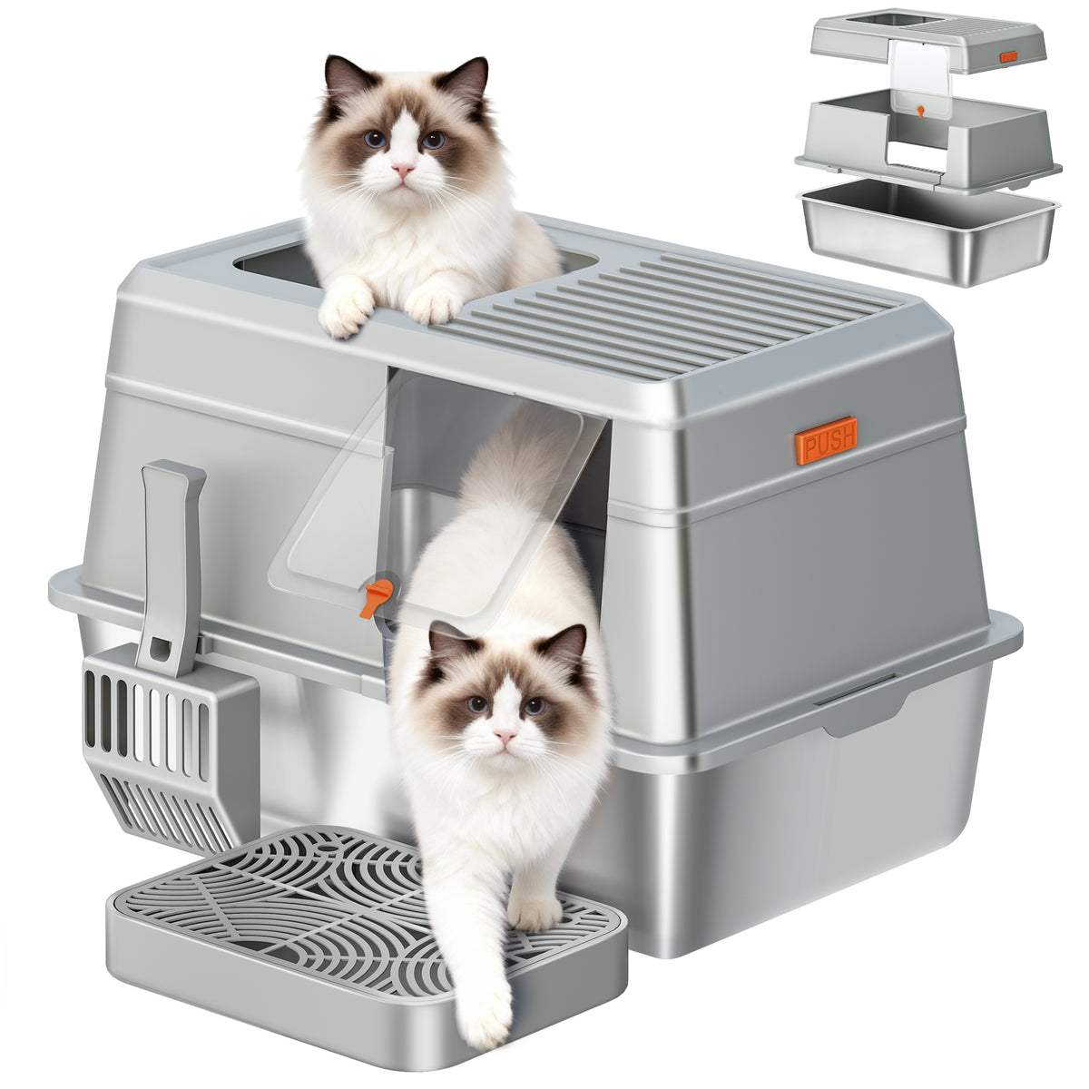 Fobyfurny Stainless Steel Cat Litter Tray with Lid, XL Closed Cat Litter Tray with Step and Shovel, Easy to Clean, Two Entrances, Removable, 60 x 40 x 38 cm, Light Grey,FPLB204SG1