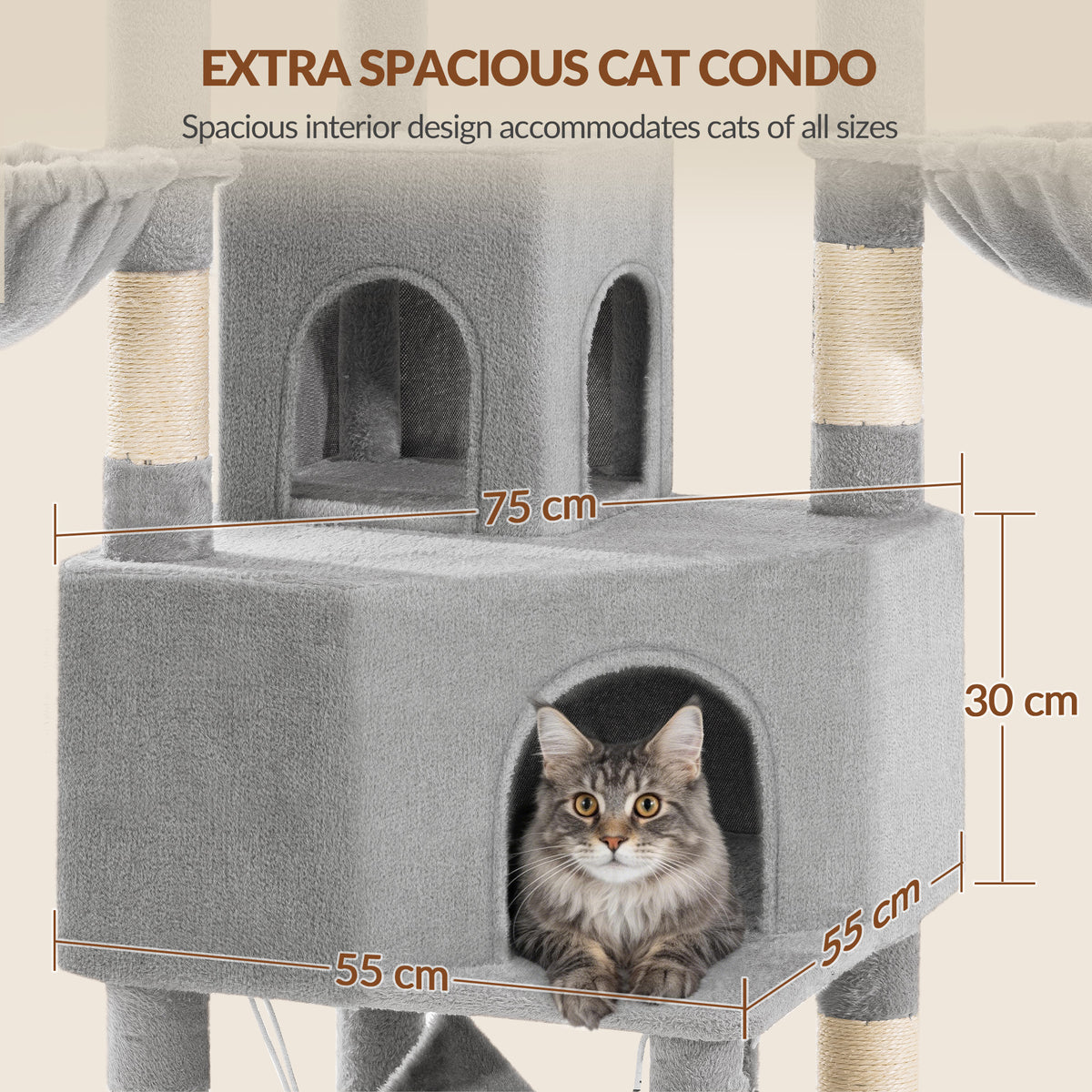 Fobyfurny Large Cat Tree, 220 cm, XXL Stable Cat Tree with Large Caves, 3 Platforms, 8 Sisal Posts, Hammock, Cat Brushes, Baskets, Thick Sisal Rope, Light Grey FPMS011FG1