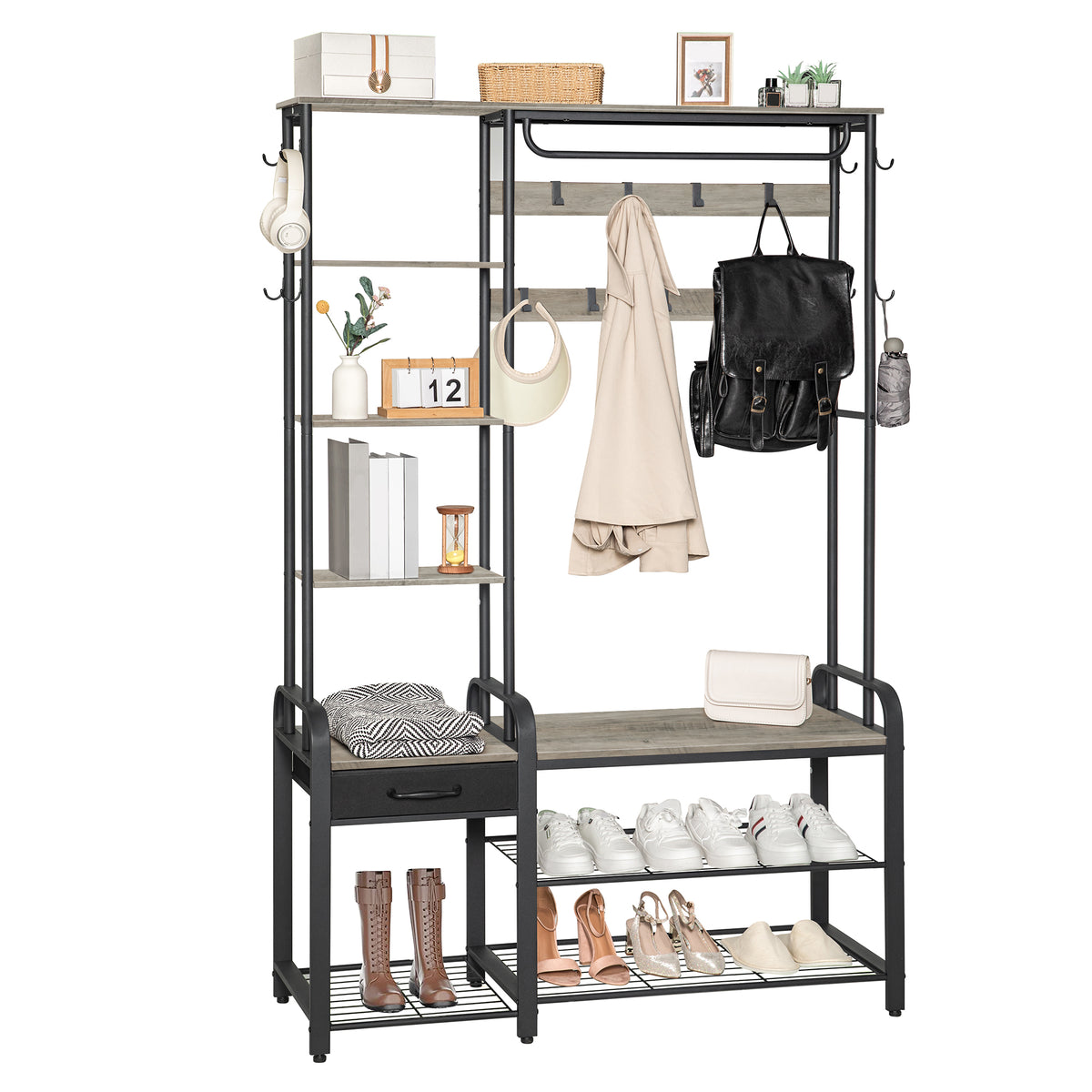joyunite Coat Rack with Shoe Bench, Wardrobe, 1 Drawer, Clothes Rack with 17 Hooks, 1 Hanging Rail, 4-Tier Side Unit, 120 x 40 x 182 cm, Light Ivory and Black HT03505B