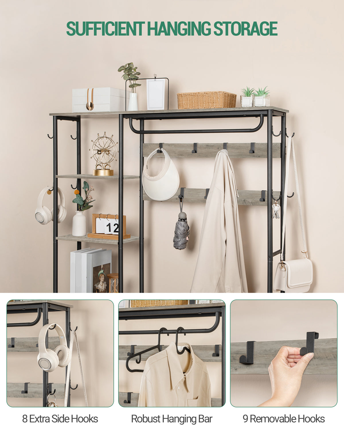joyunite Coat Rack with Shoe Bench, Wardrobe, 1 Drawer, Clothes Rack with 17 Hooks, 1 Hanging Rail, 4-Tier Side Unit, 120 x 40 x 182 cm, Light Ivory and Black HT03505B