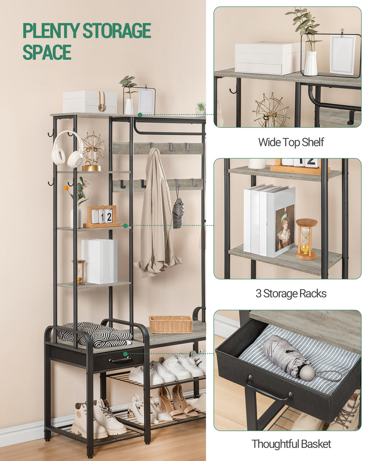 joyunite Coat Rack with Shoe Bench, Wardrobe, 1 Drawer, Clothes Rack with 17 Hooks, 1 Hanging Rail, 4-Tier Side Unit, 120 x 40 x 182 cm, Light Ivory and Black HT03505B