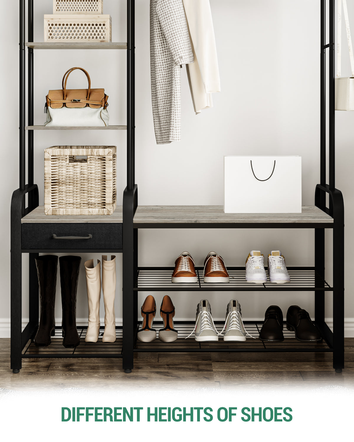 joyunite Coat Rack with Shoe Bench, Wardrobe, 1 Drawer, Clothes Rack with 17 Hooks, 1 Hanging Rail, 4-Tier Side Unit, 120 x 40 x 182 cm, Light Ivory and Black HT03505B
