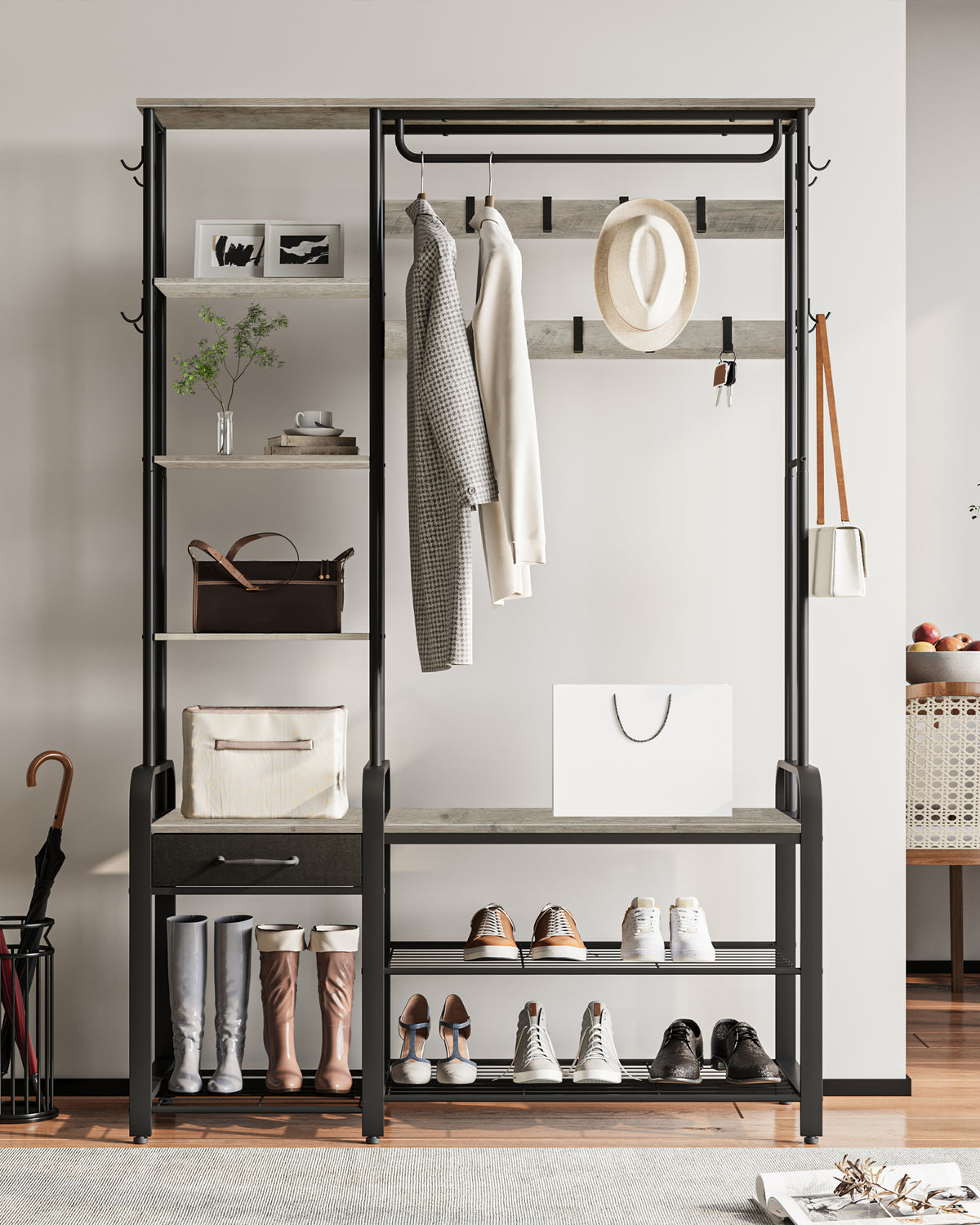 joyunite Coat Rack with Shoe Bench, Wardrobe, 1 Drawer, Clothes Rack with 17 Hooks, 1 Hanging Rail, 4-Tier Side Unit, 120 x 40 x 182 cm, Light Ivory and Black HT03505B