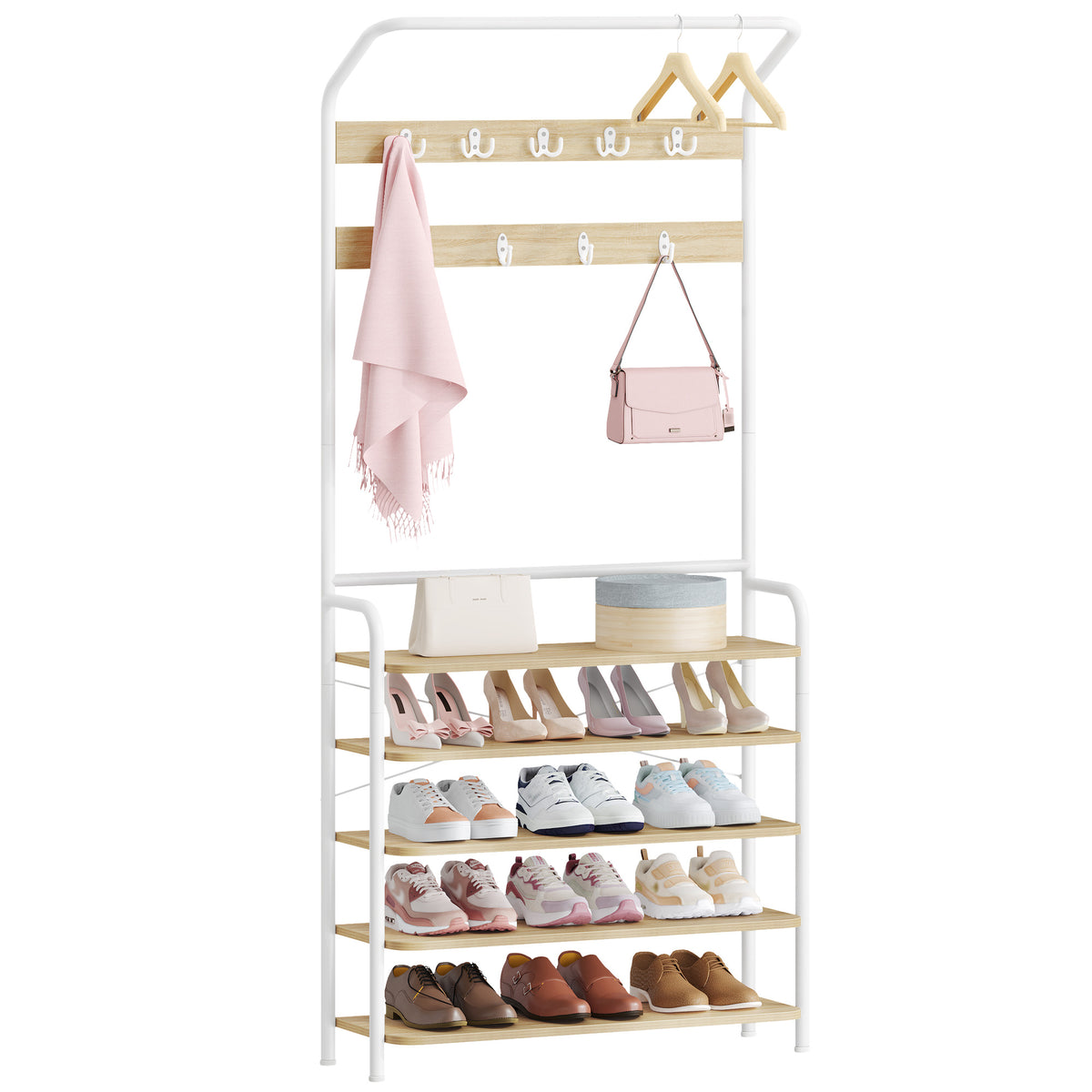 joyunite Coat Rack, Wardrobe with 5 Shelves, 1 Clothes Rail, 9 Hooks, Adjustable, Freestanding Clothes Rack for Hallway, Entrance, 30 x 78.5 x 195 cm, Oak-White, HT19016W