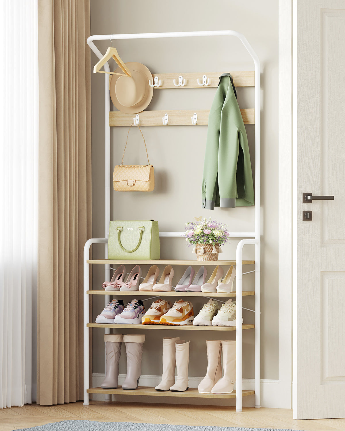 joyunite Coat Rack, Wardrobe with 5 Shelves, 1 Clothes Rail, 9 Hooks, Adjustable, Freestanding Clothes Rack for Hallway, Entrance, 30 x 78.5 x 195 cm, Oak-White, HT19016W